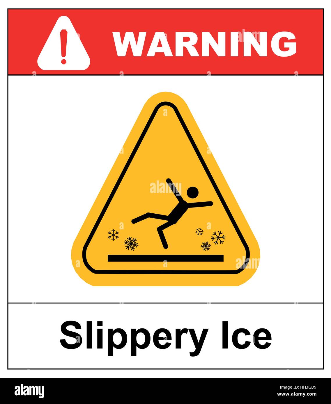 Caution watch for ice vector sign. Slippery Ice Warning sticker label for winter outdoors, Vector symbol in yellow triangle isolated on white. Stock Vector