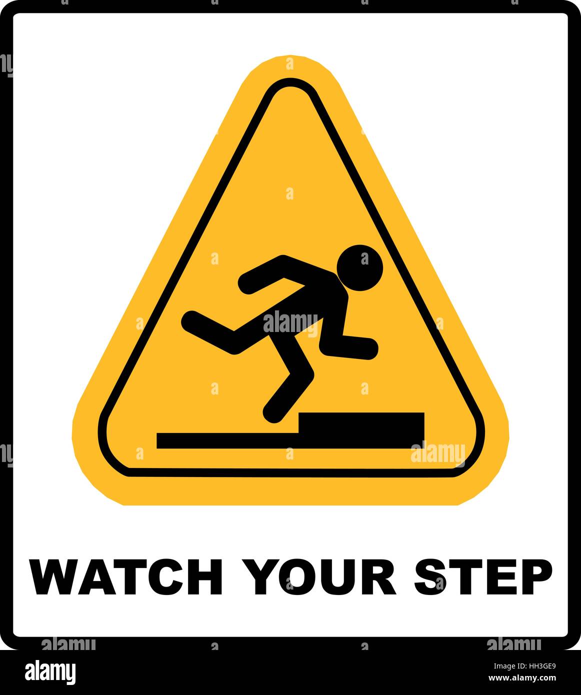 Watch your step sign. Vector yellow triangle symbol isolated on white. Warning sticker label for public places. Stock Vector