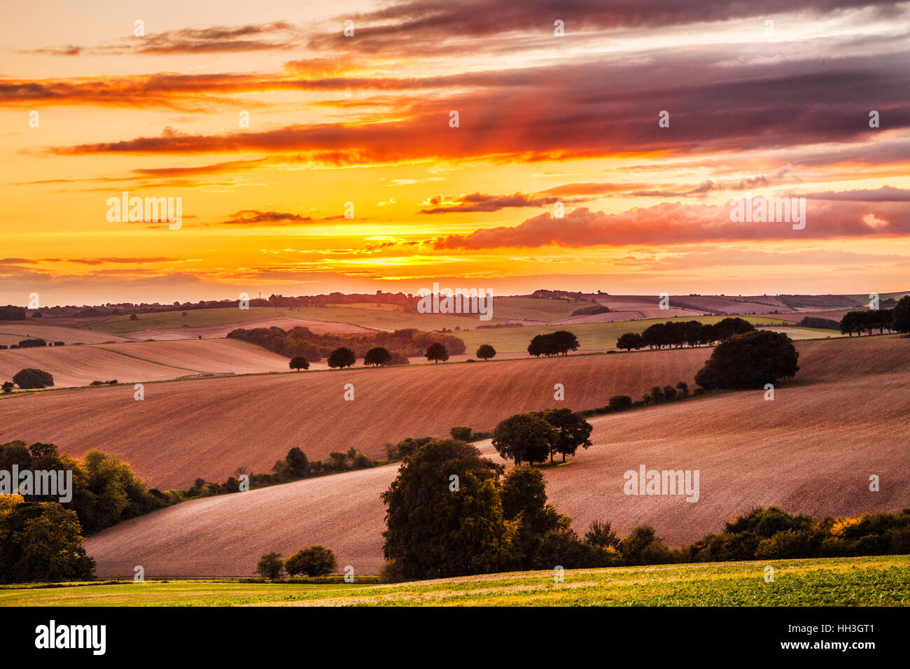 Sunset over the North Wessex Downs in Wiltshire. Stock Photo