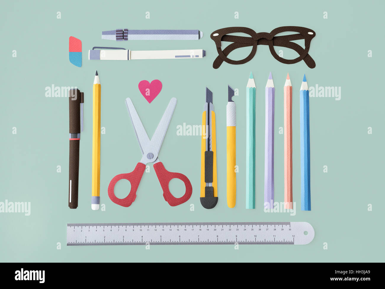 Pen Color Pencil Scissor Eraser Ruler Eyeglasses Concept Stock Photo