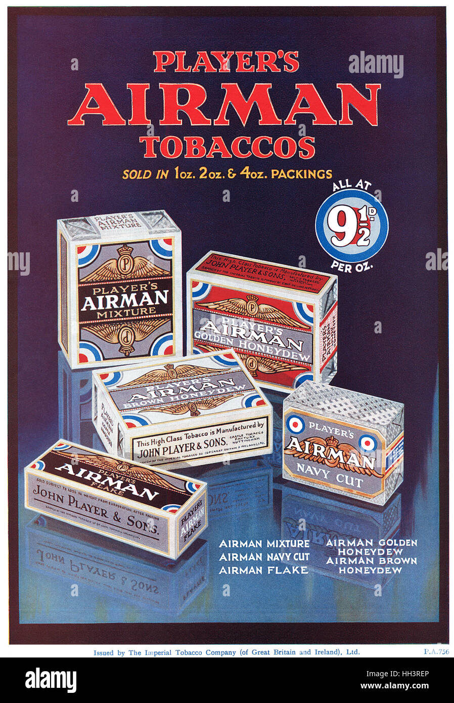 1930 British advertisement for Player's Airman Cigarettes Stock Photo