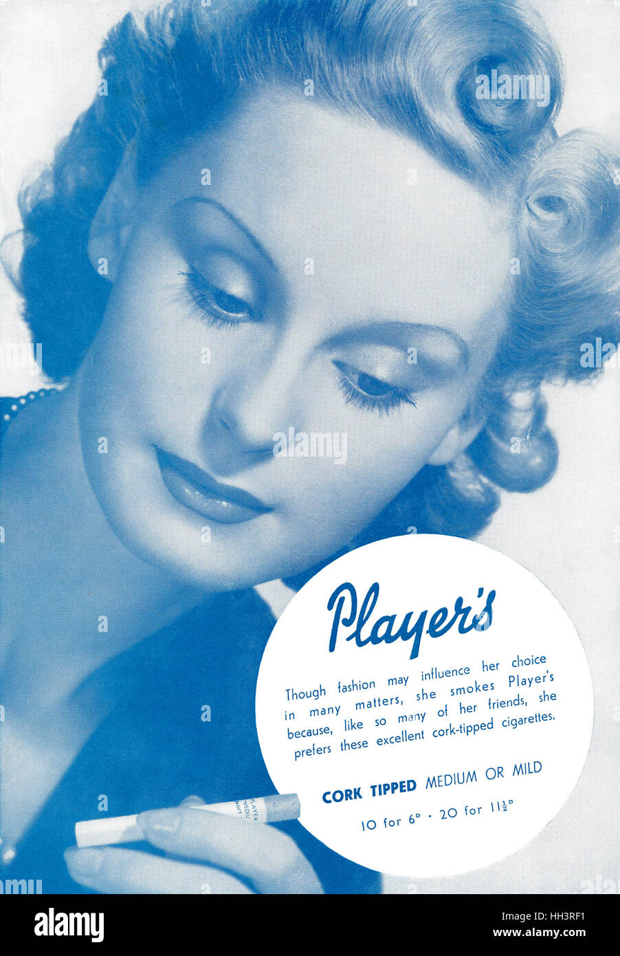 1939 British advertisement for Player's Cork Tipped Cigarettes Stock Photo