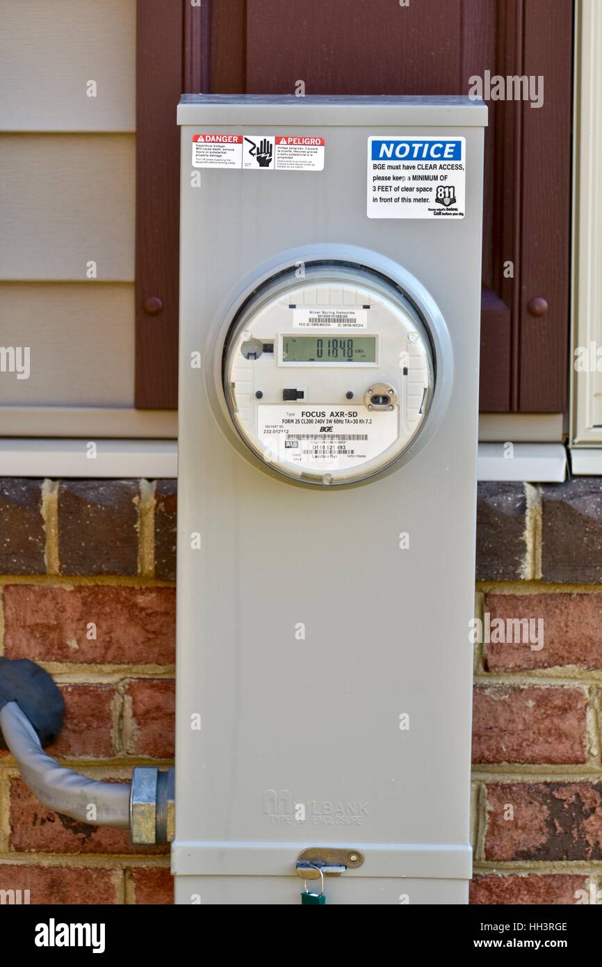 An electric and gas meter on the side of a residential home Stock Photo -  Alamy