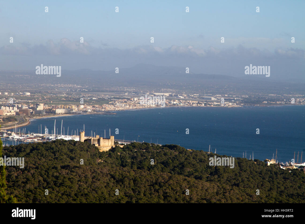 Palma de Mallorca hi view of Bellver castle and Palma de Mallorca Bay Majorca Balearic Spain Stock Photo