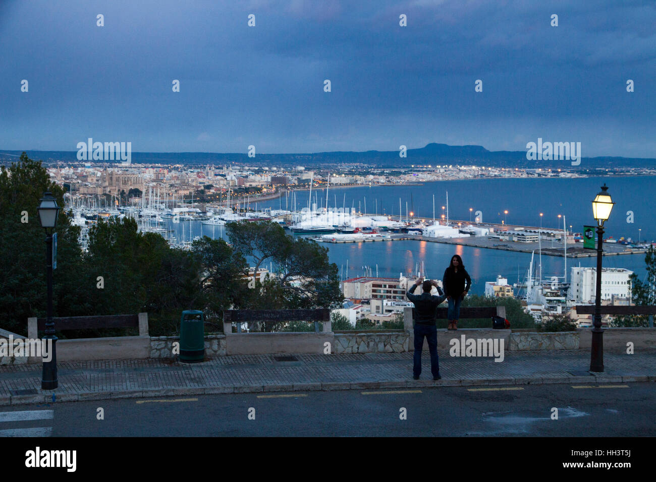 Two people take a photos on Palma de Mallorca hi view  Bay panoramic on backgound Majorca Balearic Spain Stock Photo