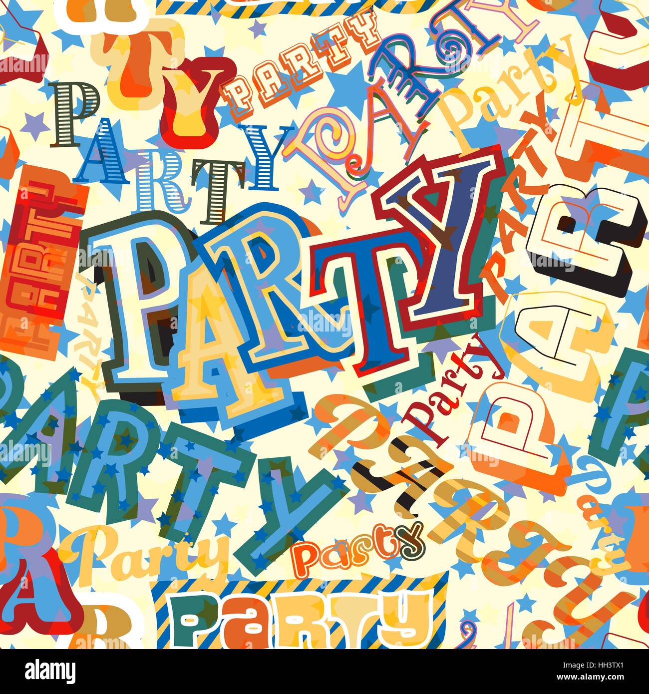 Vector seamless tile of the word Party in different colorful typefaces Stock Vector