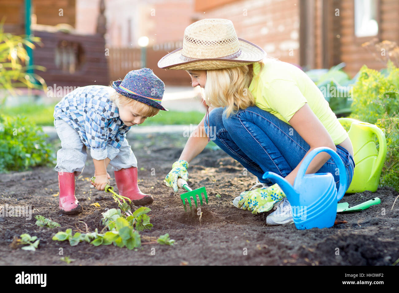 Kid and mother planting strawberry seedling into fertile soil outside in garden Stock Photo