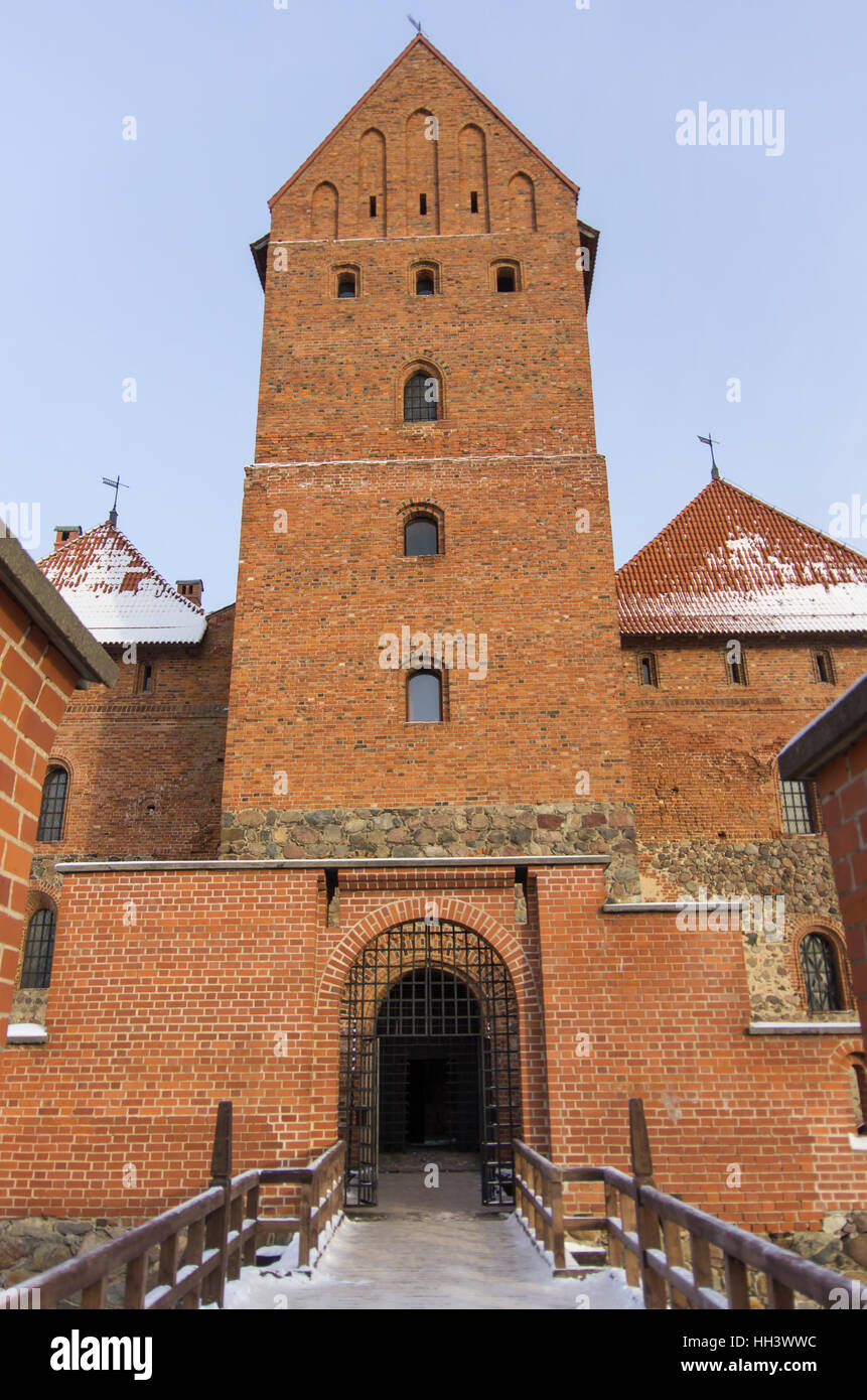 Medieval castle in Trakai, winter landscape, Vilnius County, Lithuania Stock Photo