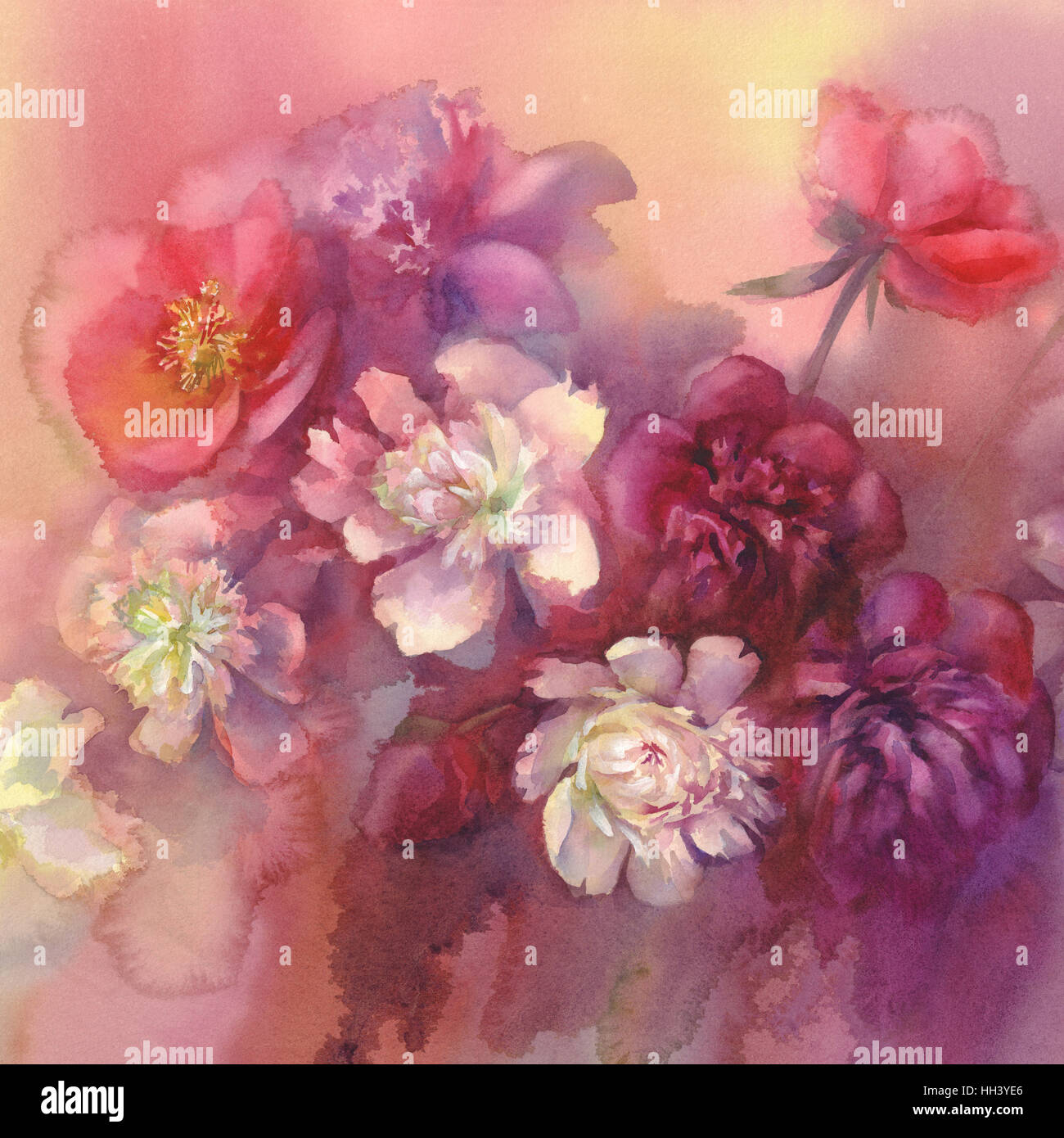 bouquet of violet and white peonies watercolor Stock Photo - Alamy
