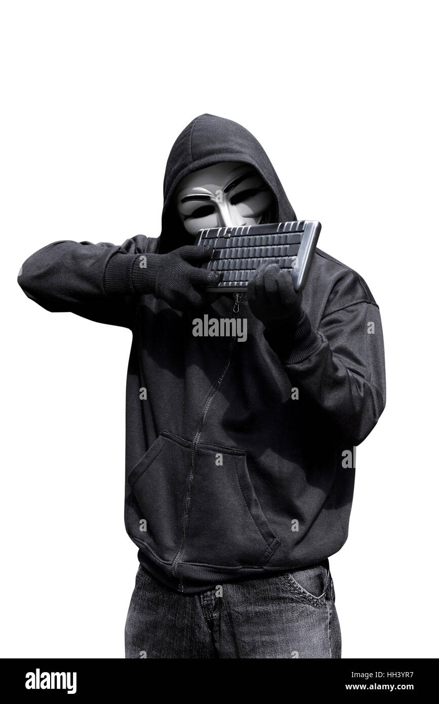 Man wearing vendetta mask holding keyboard want to shoot isolated