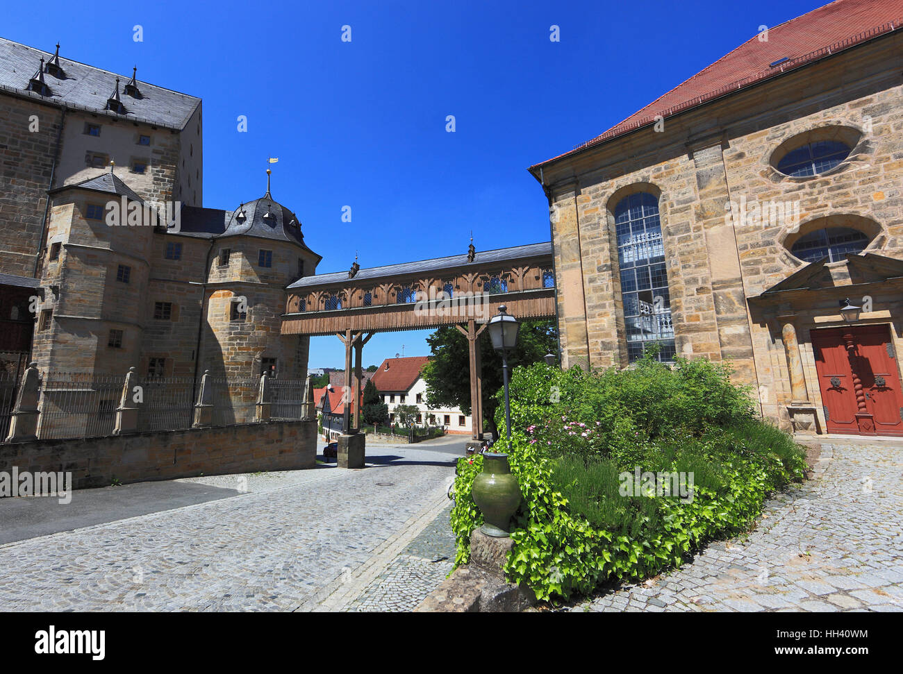 castle Thurnau with the wooden bridge to St.-Laurentius-church, Thurnau, district of  Kulmbach, Upper Franconia, Bavaria, Germany Stock Photo