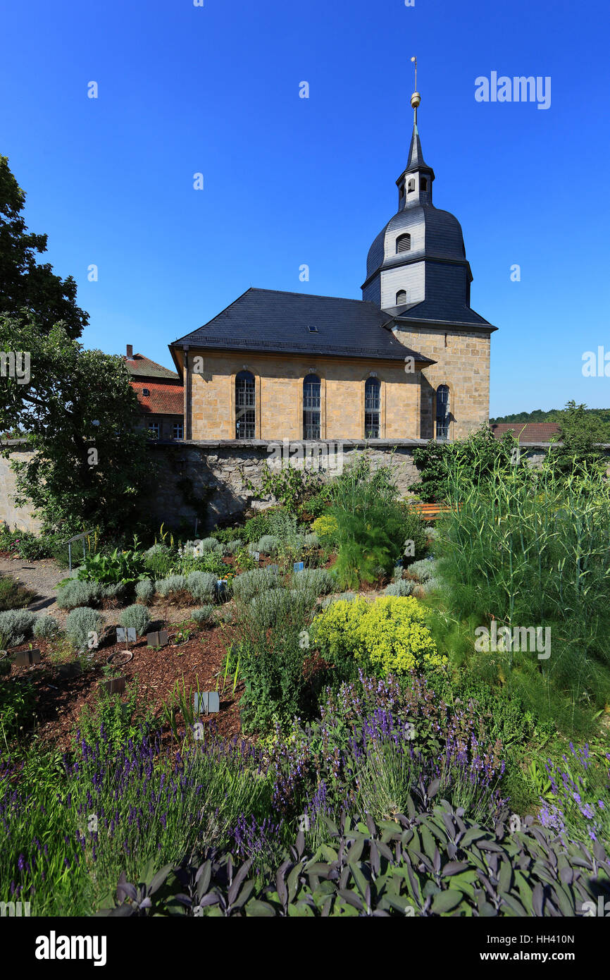 herb garden, aisleless church Unsere liebe Frau of  Langenstadt, district of  Kulmbach, Upper Franconia, Bavaria, Germany Stock Photo