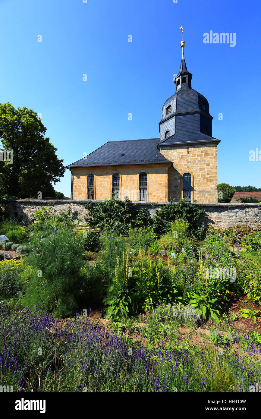 herb garden, aisleless church Unsere liebe Frau of  Langenstadt, district of  Kulmbach, Upper Franconia, Bavaria, Germany Stock Photo