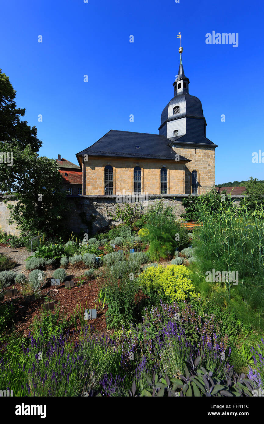 herb garden, aisleless church Unsere liebe Frau, church of Langenstadt, district of  Kulmbach, Upper Franconia, Bavaria, Germany Stock Photo
