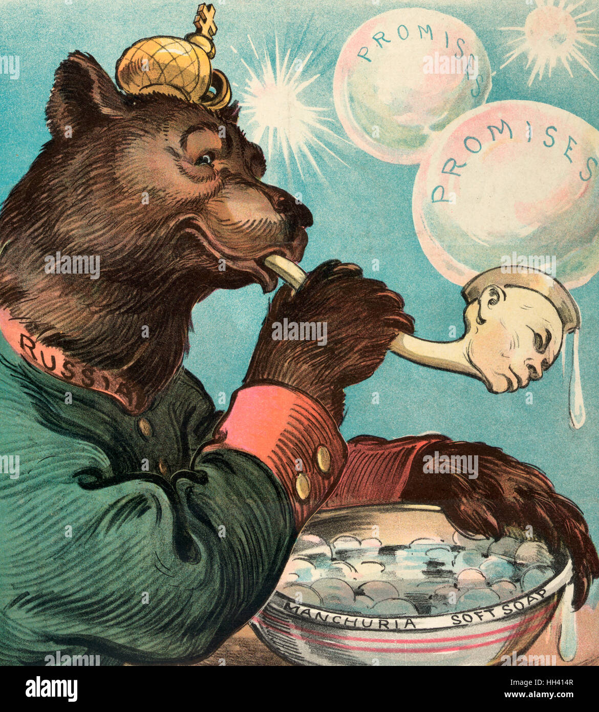 Bubbles - Political Cartoon shows the Russian bear blowing soap bubbles labeled 'Promises' through a meerschaum pipe with a Chinese face, using liquid from a bowl labeled 'Manchurian soft soap'. 1903 Stock Photo