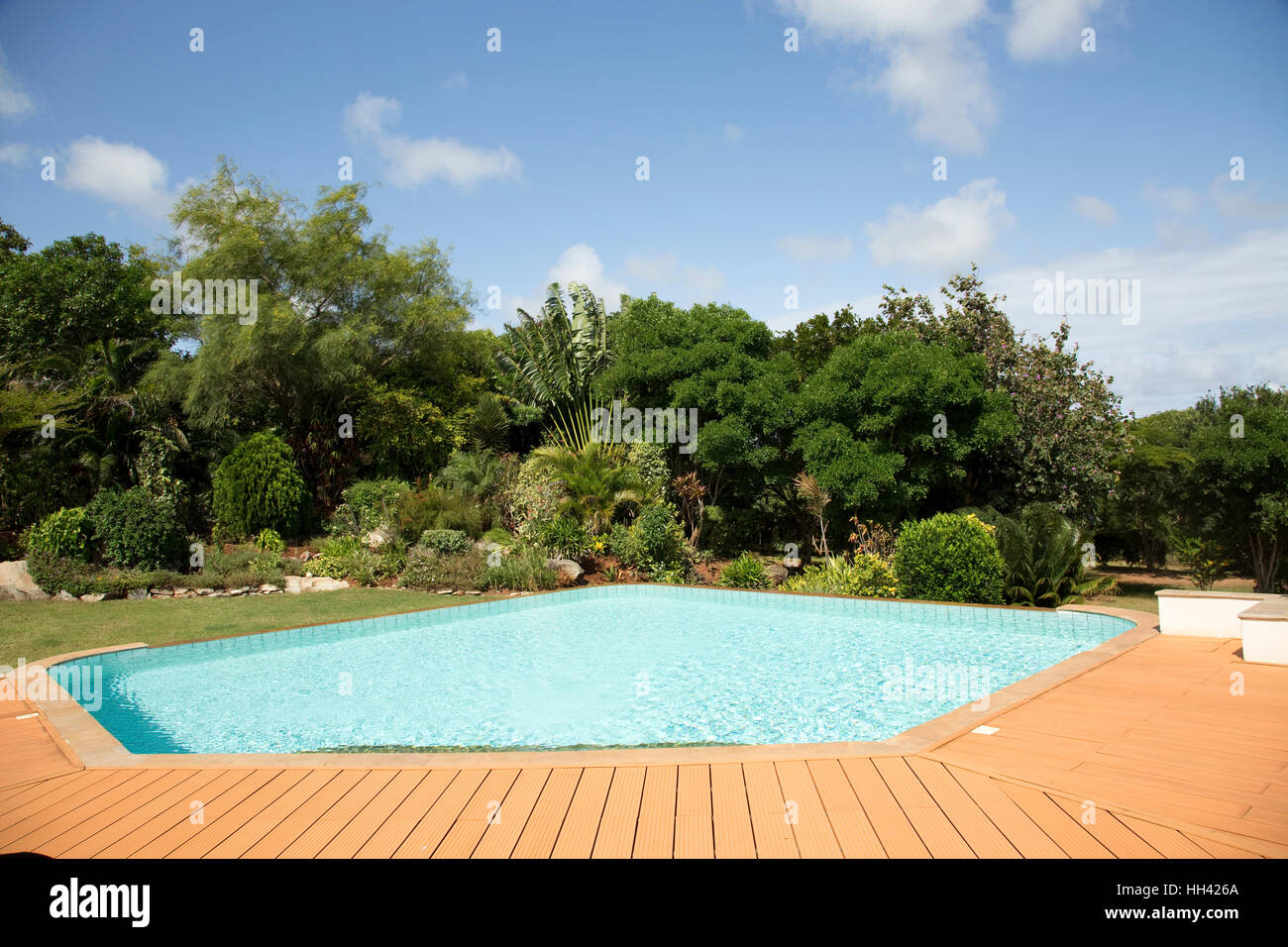 Private tropical swimming pool with recycled plastic decking with