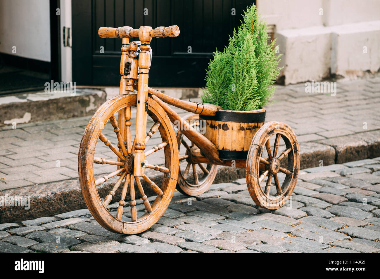 Beautiful Decorative Vintage Model Old Wooden Bike Bicycle Equipped Basket In Street Stock Photo Alamy