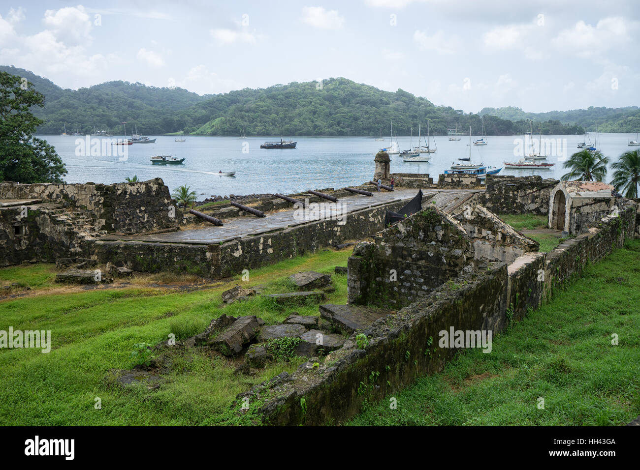 June 12, 2016 Portobelo, Panama: small boats floating in the bay by Fort San Fernando Stock Photo