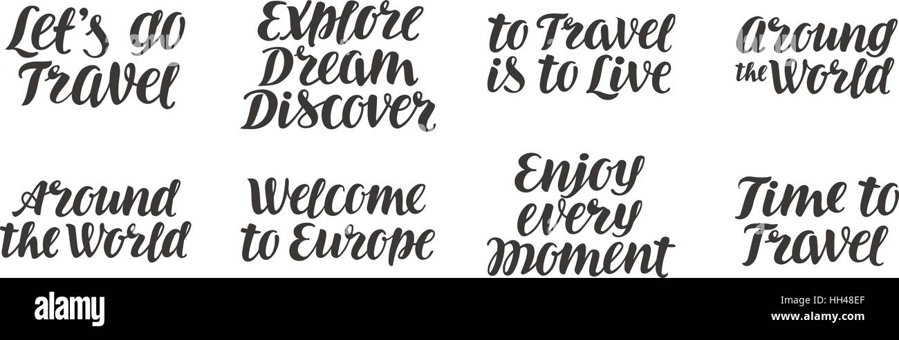 Excursion Lettering Travel, adventure vector set. Handwritten beautiful calligraphic ...