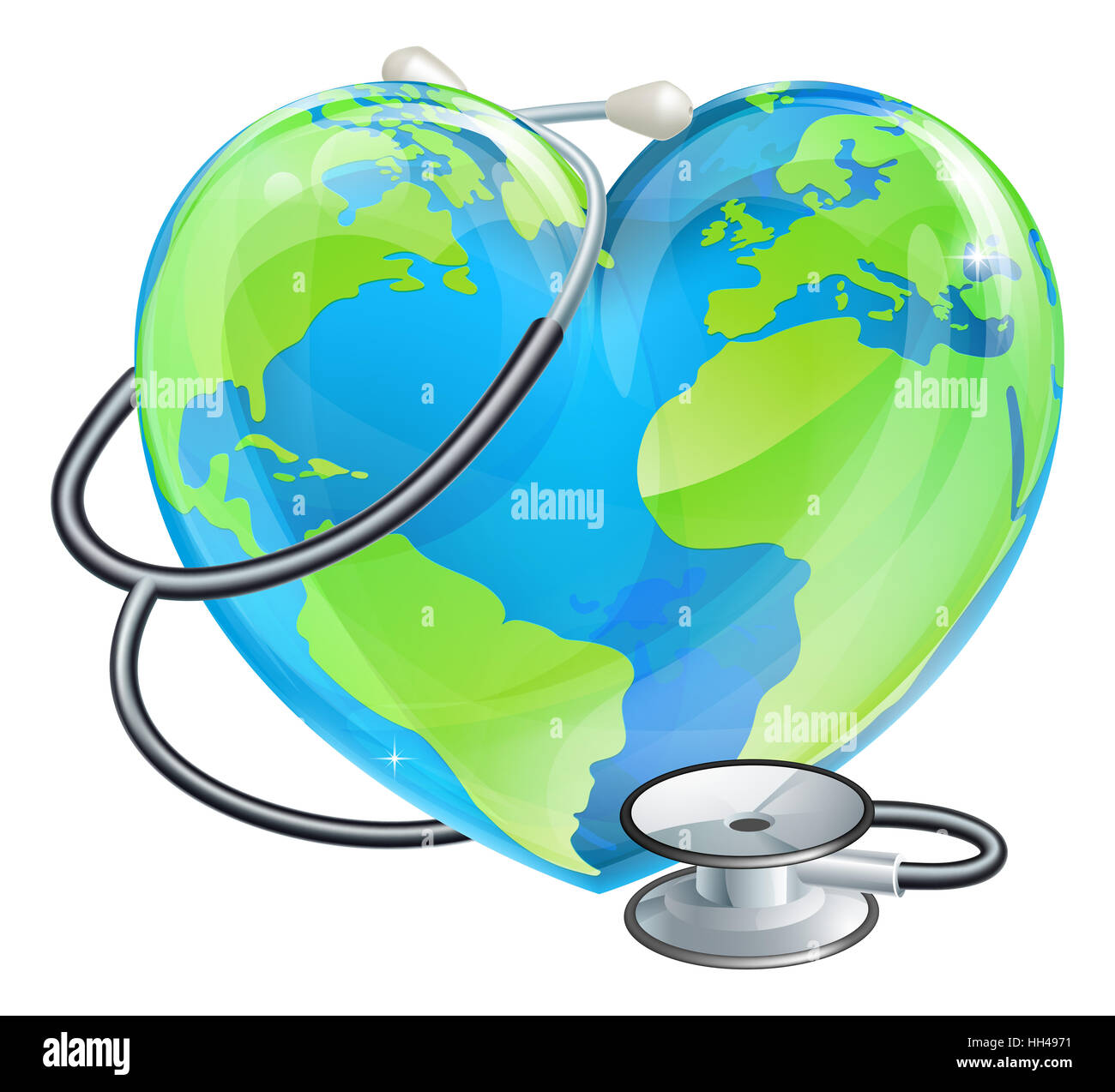 Conceptual illustration of a heart earth world globe with a stethoscope wrapped around it. Could be a climate change concept for the world needing car Stock Photo