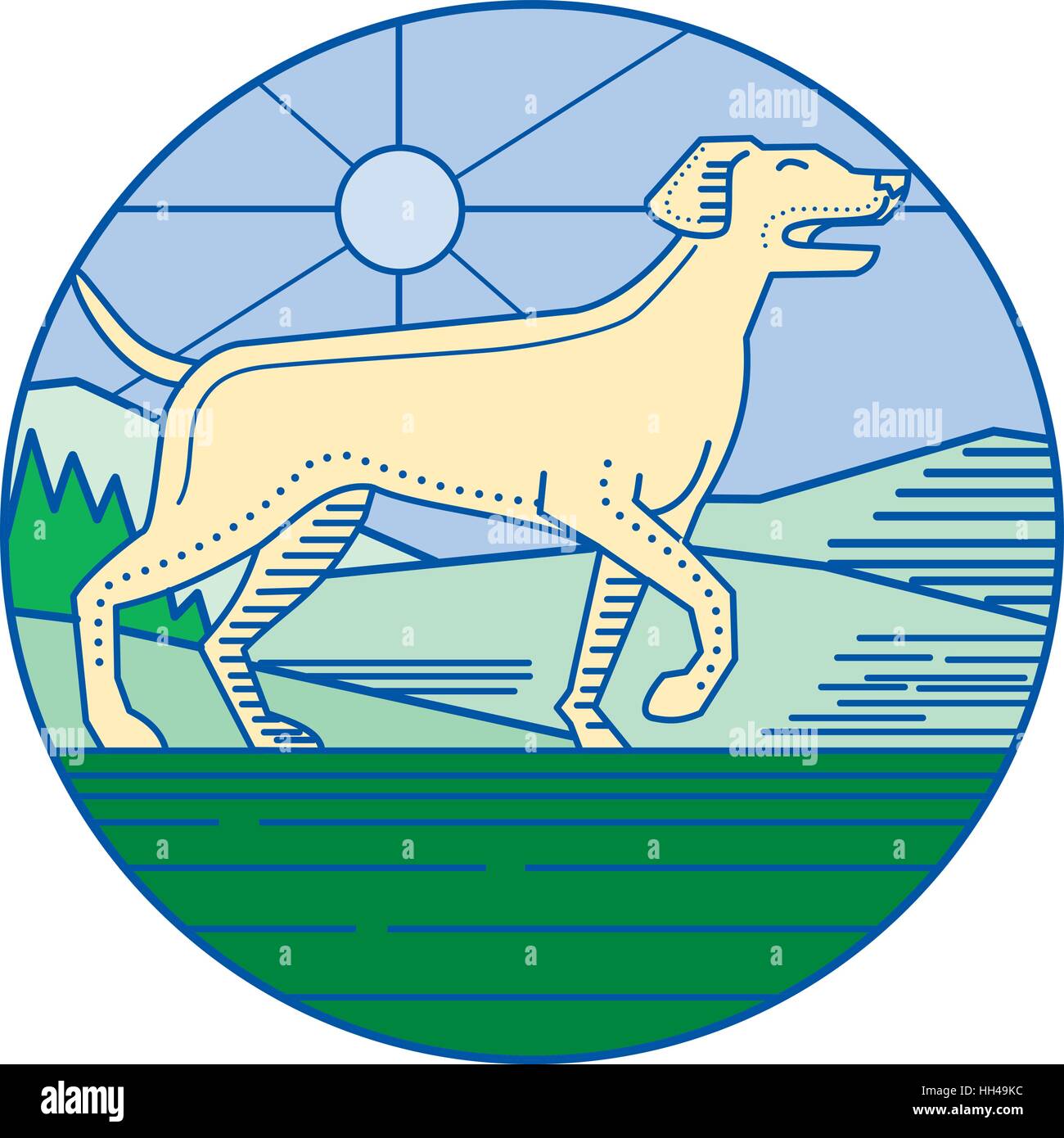 Mono line style illustration of an english pointer dog in a pointer stance with head up tail out and one foot slightly raised with grass, trees and mo Stock Vector