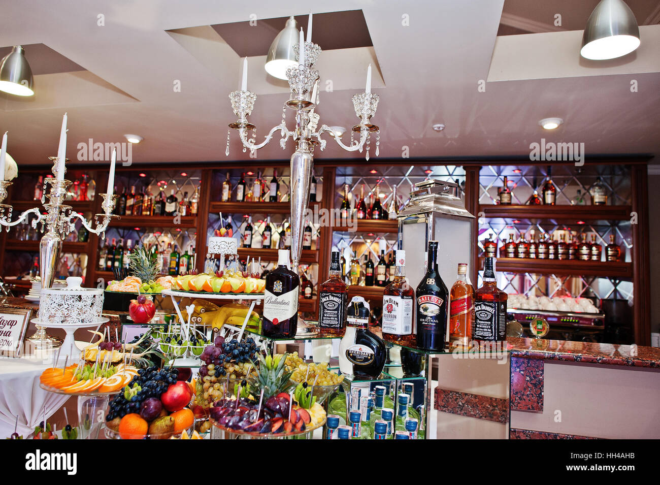 Hai, Ukraine - January 5, 2017: Different bottles on bar reception on ...