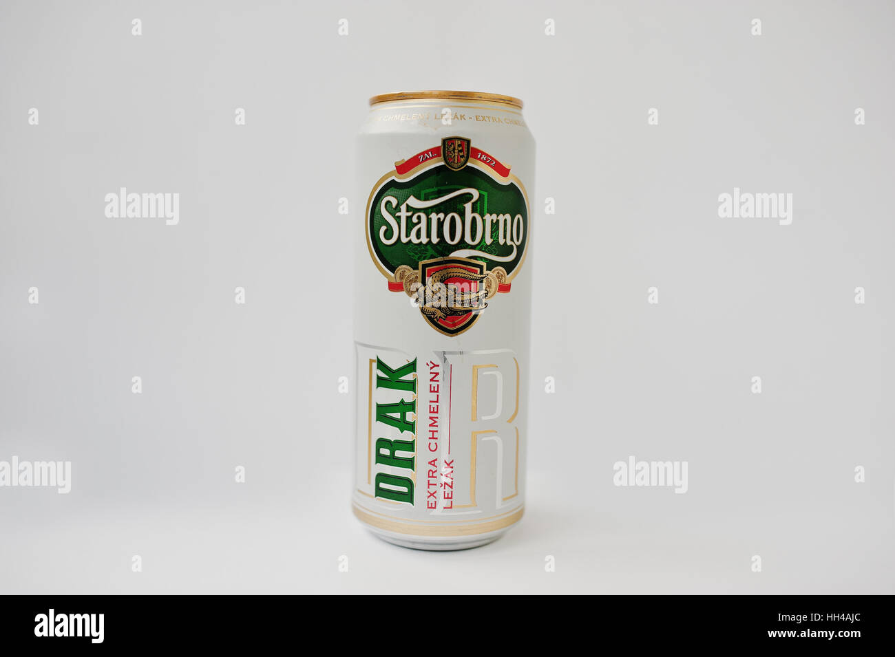 Hai, Ukraine - January 5, 2017: Starobrno iron can of beer isolated on white. Stock Photo