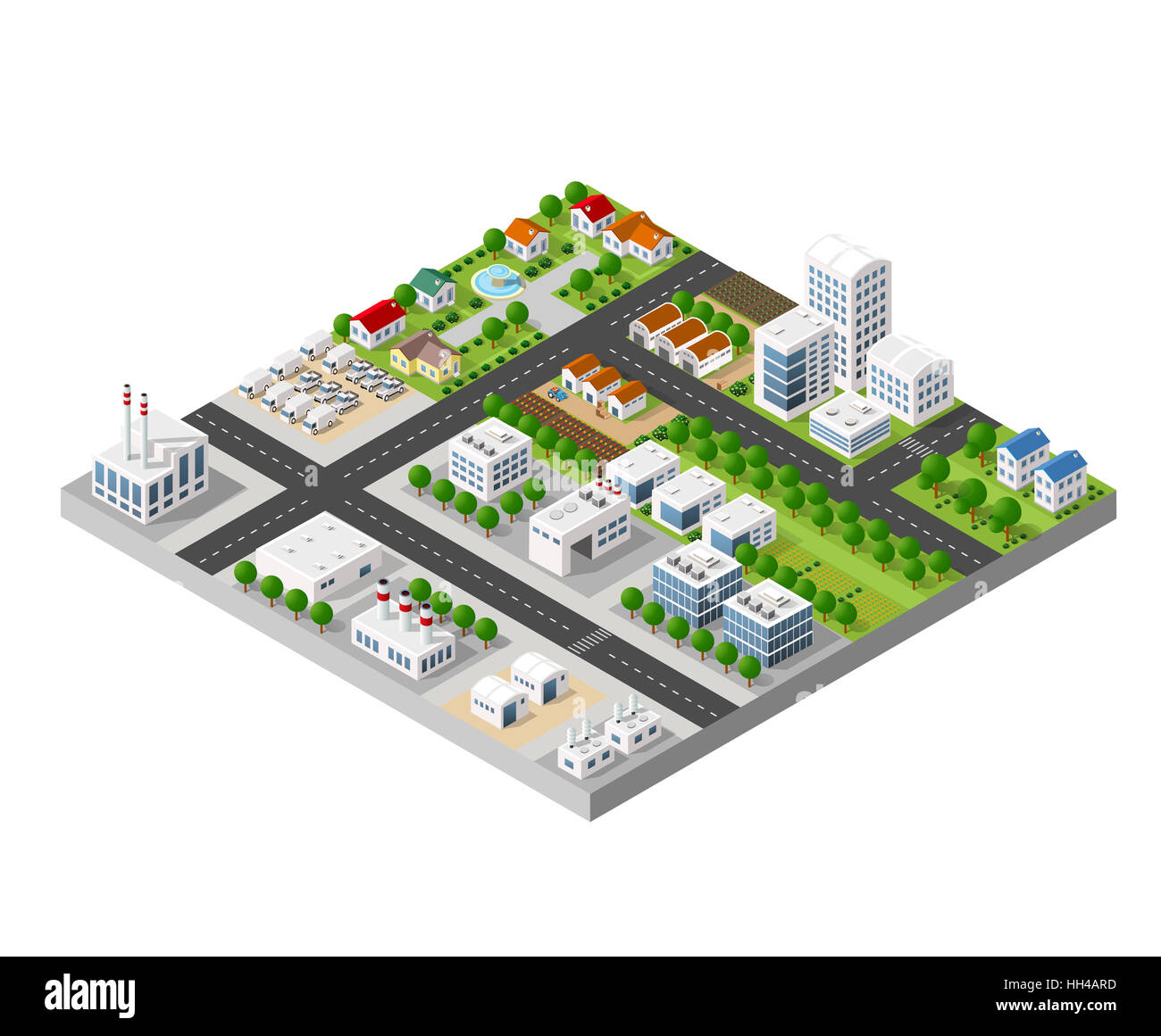 The 3D perspective view of a set of objects of industrial plants, factories, parking lots and warehouses. Isometric view from above the city with stre Stock Photo