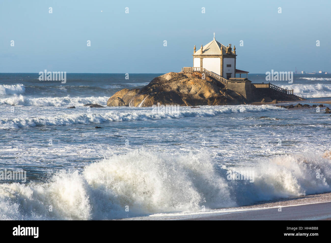 Miramar Beach (Praia de Miramar) and chapel Senhor da Pedra, Vila Nova de Gaia, Portugal. Stock Photo