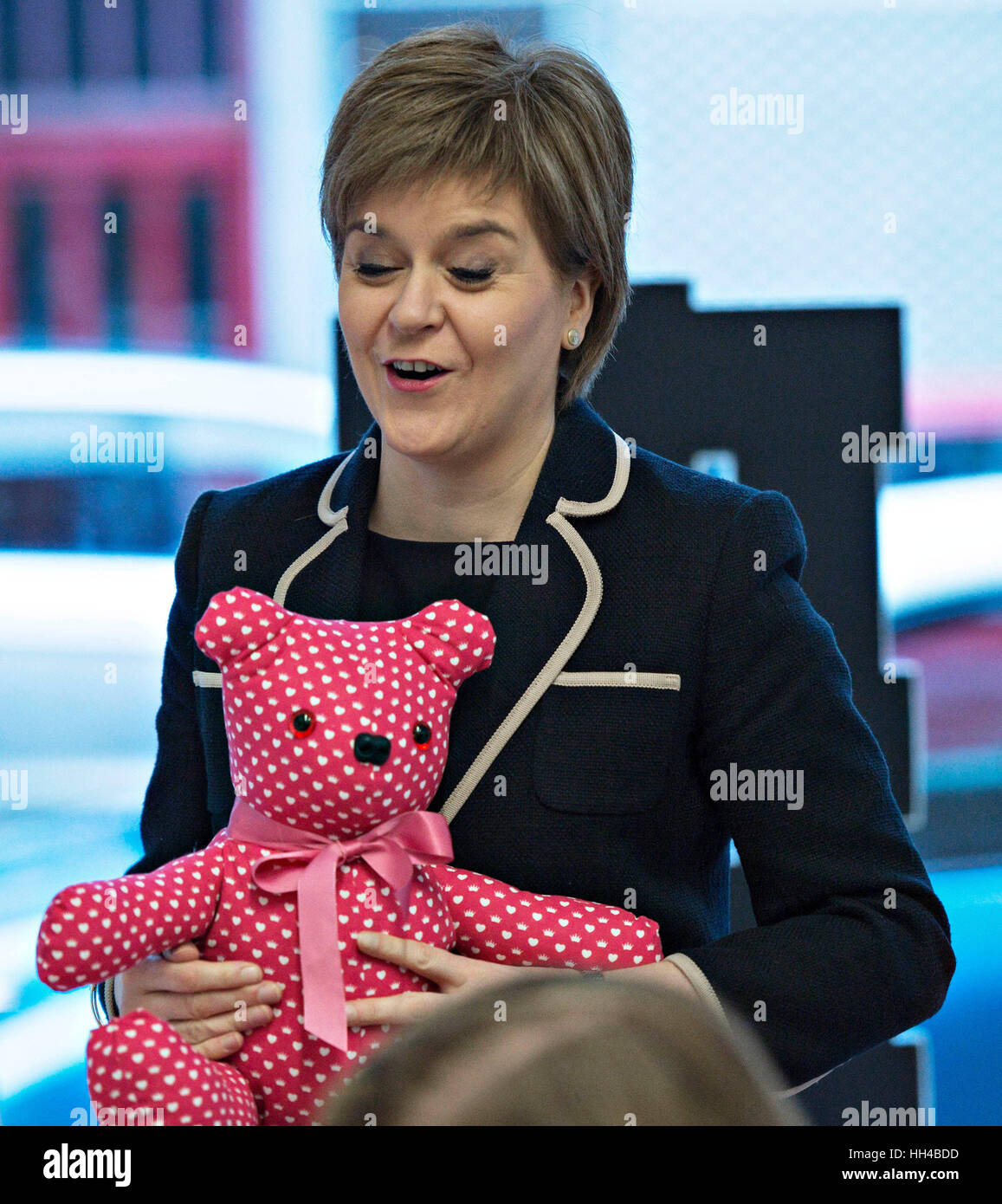 Scotland's First Minister Nicola Sturgeon visits Plantation Productions in Govan to announce £29 million funding to tackle poverty and improve people's lives including £18.9 million of direct Scottish government funding being put into a new Aspiring Communities Fund to help organisations find new, long lasting solutions to poverty. Stock Photo