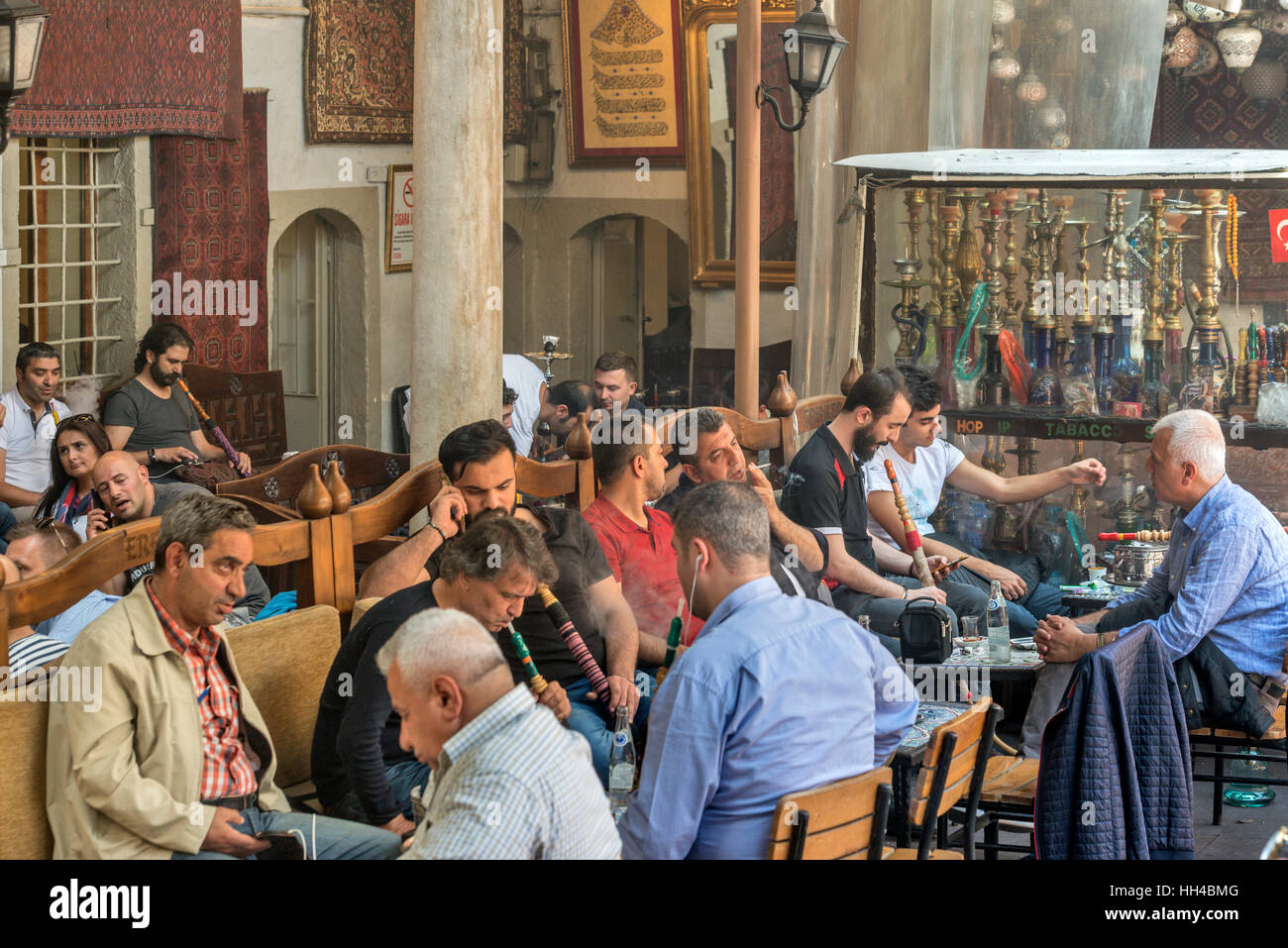Hookah cafe in historic courtyard Cemberlitas, Istanbul Turkey Stock
