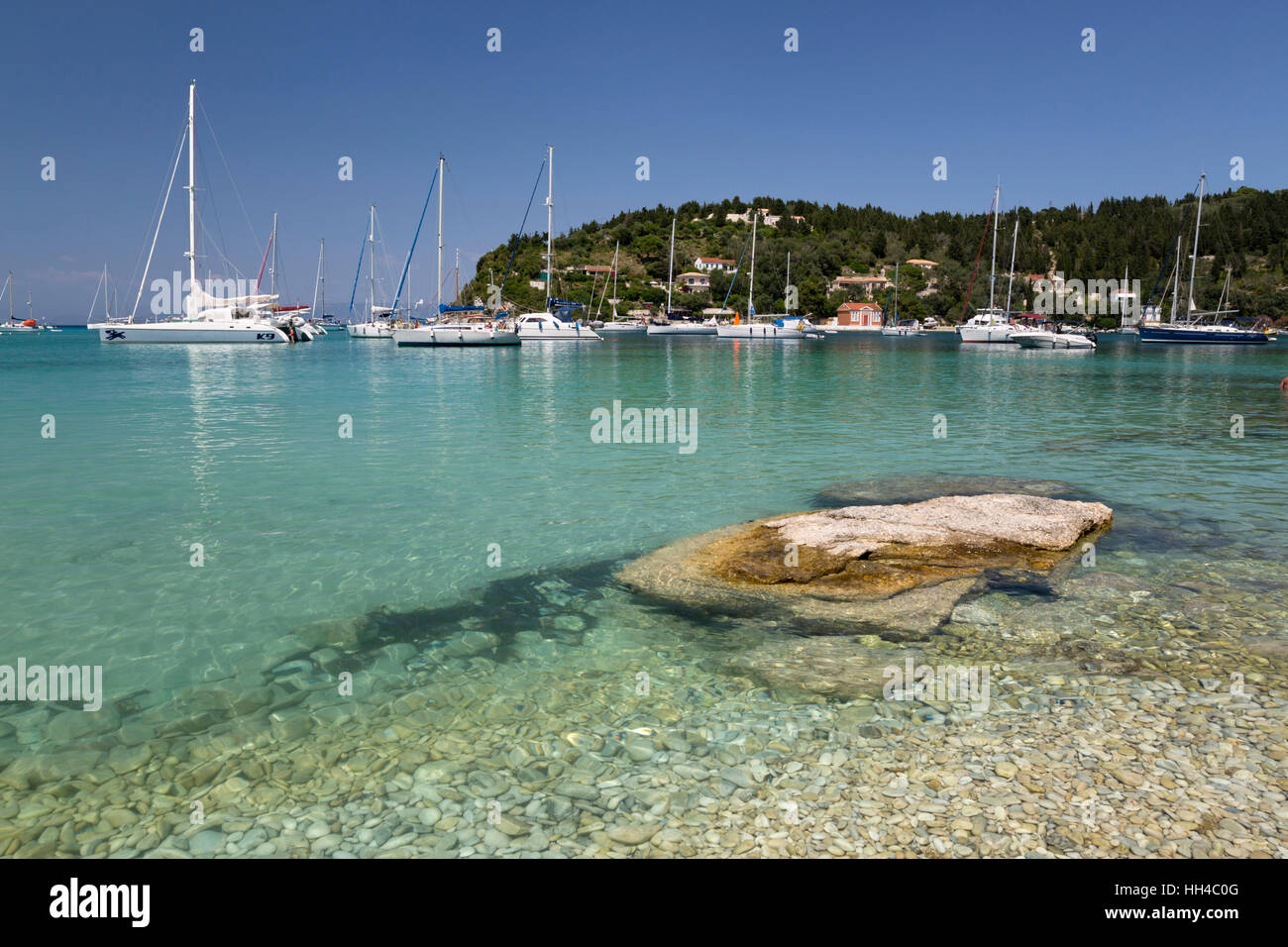 Yachts anchored in bay, Lakka, Paxos, Ionian Islands, Greek Islands, Greece, Europe Stock Photo
