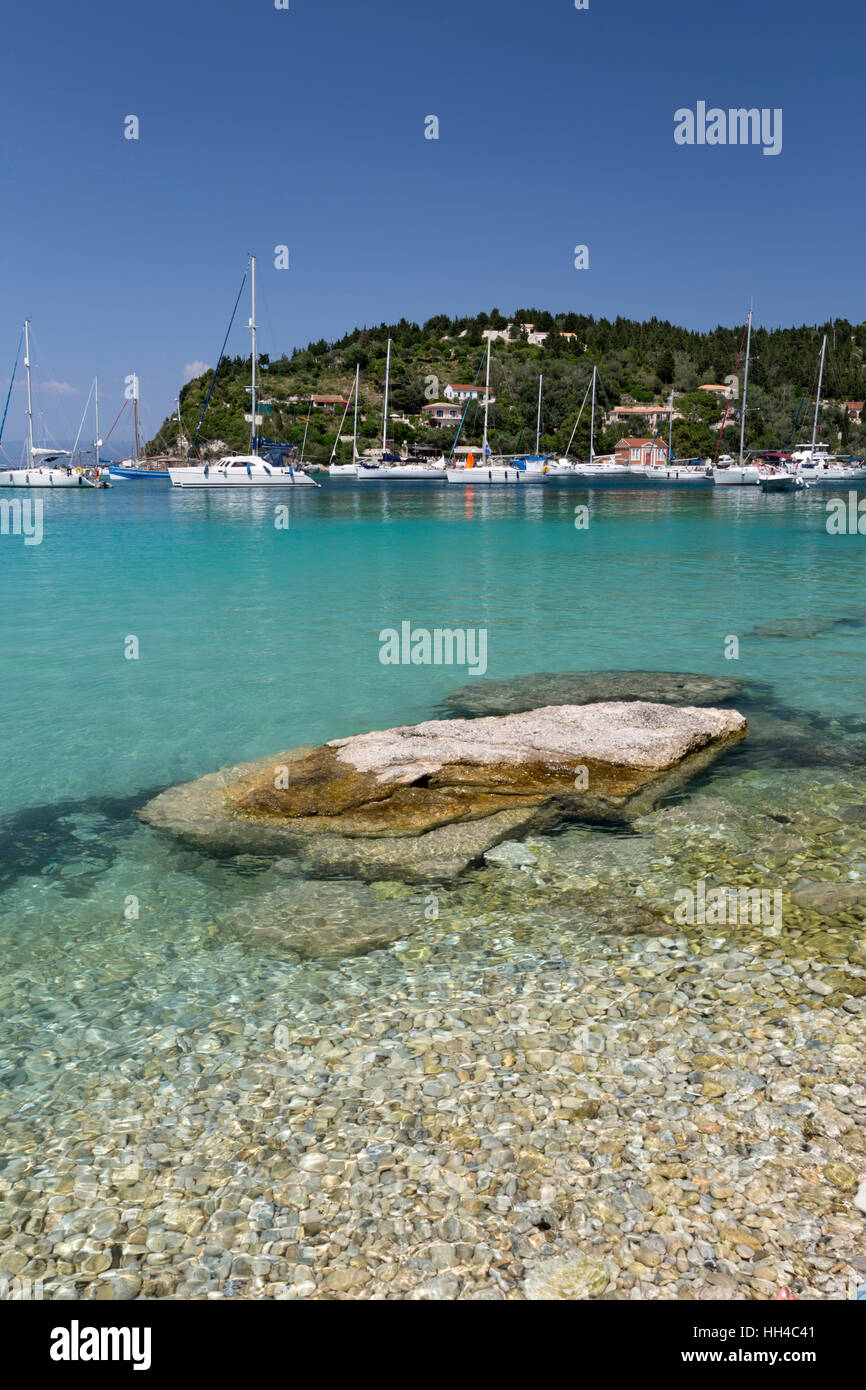 Yachts anchored in bay, Lakka, Paxos, Ionian Islands, Greek Islands, Greece, Europe Stock Photo