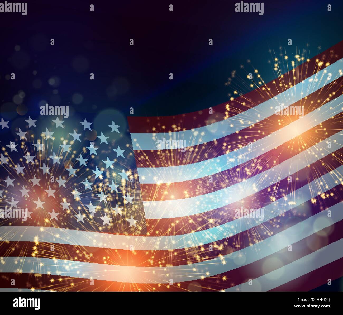 United States flag. Fireworks background for USA Independence Day. Fourth of July celebrate Stock Vector