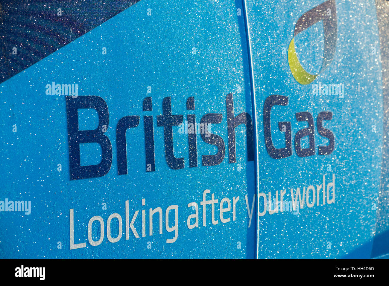 Freeze freezing British Gas van / sign / logo covered in sparkles / sparkling frost on cold frosty  icy winter morning. UK Stock Photo