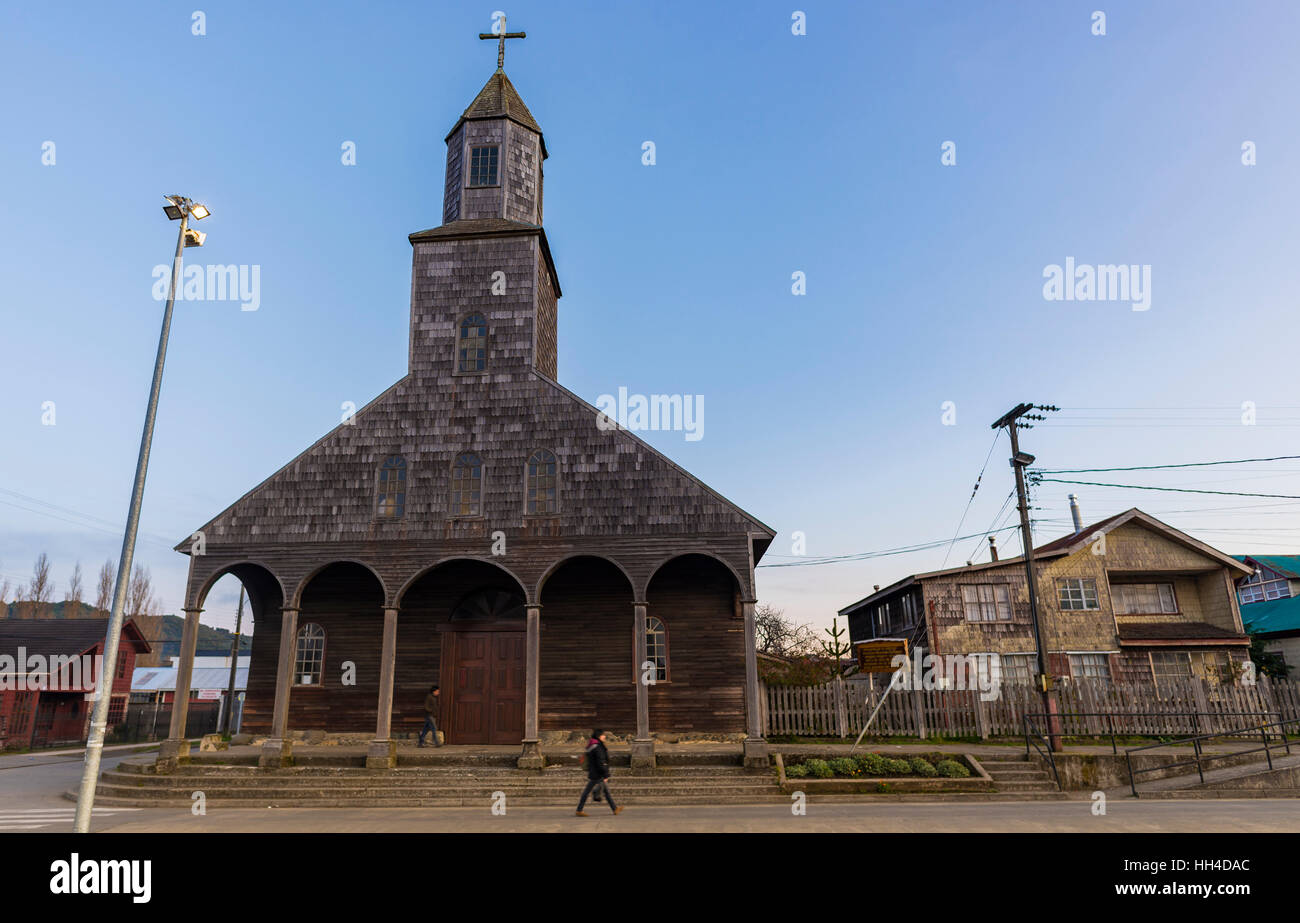 Big island of Chiloé. The lakes, Chile. Achao city. churches of chiloe Stock Photo