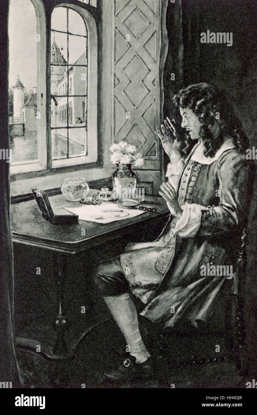 ANTON VAN LEEUWENHOEK  Dutch naturalist, depicted  discovering the microbe Stock Photo