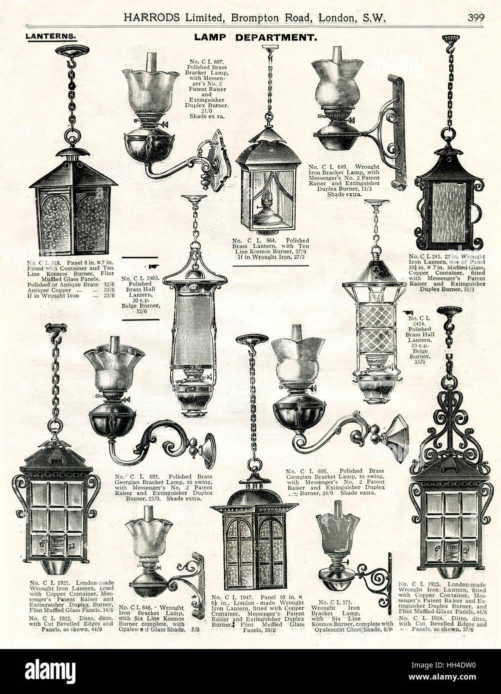 Trade catalogue for Harrord's department store, showing a variety of ceiling and wall bracket lamps. Stock Photo