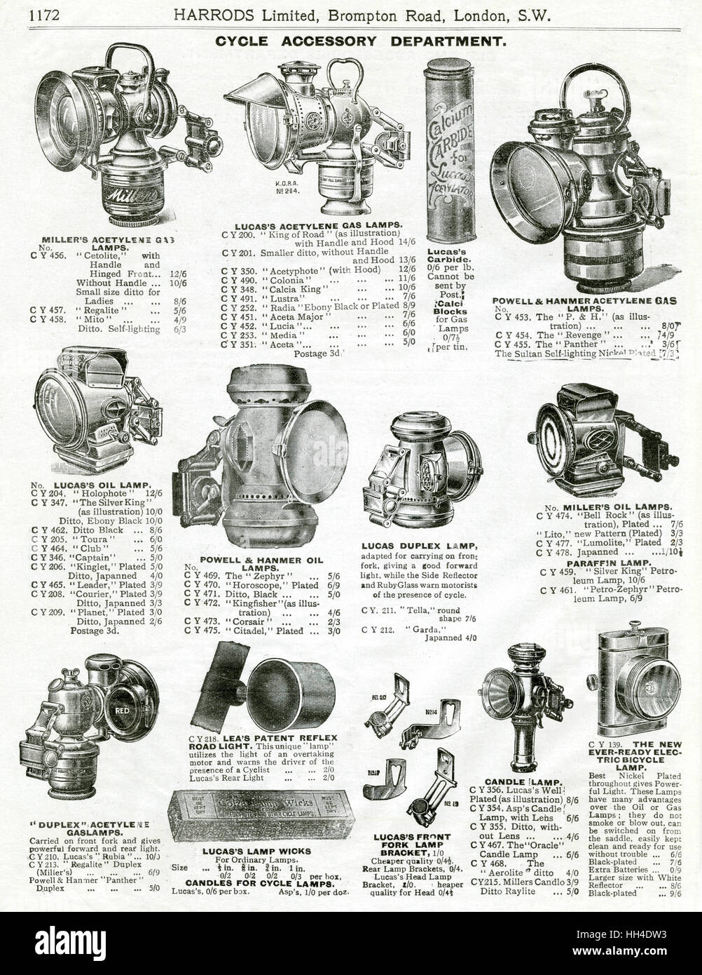 Trade catalogue for Harrord's department store, selection of cycle lamps. Stock Photo