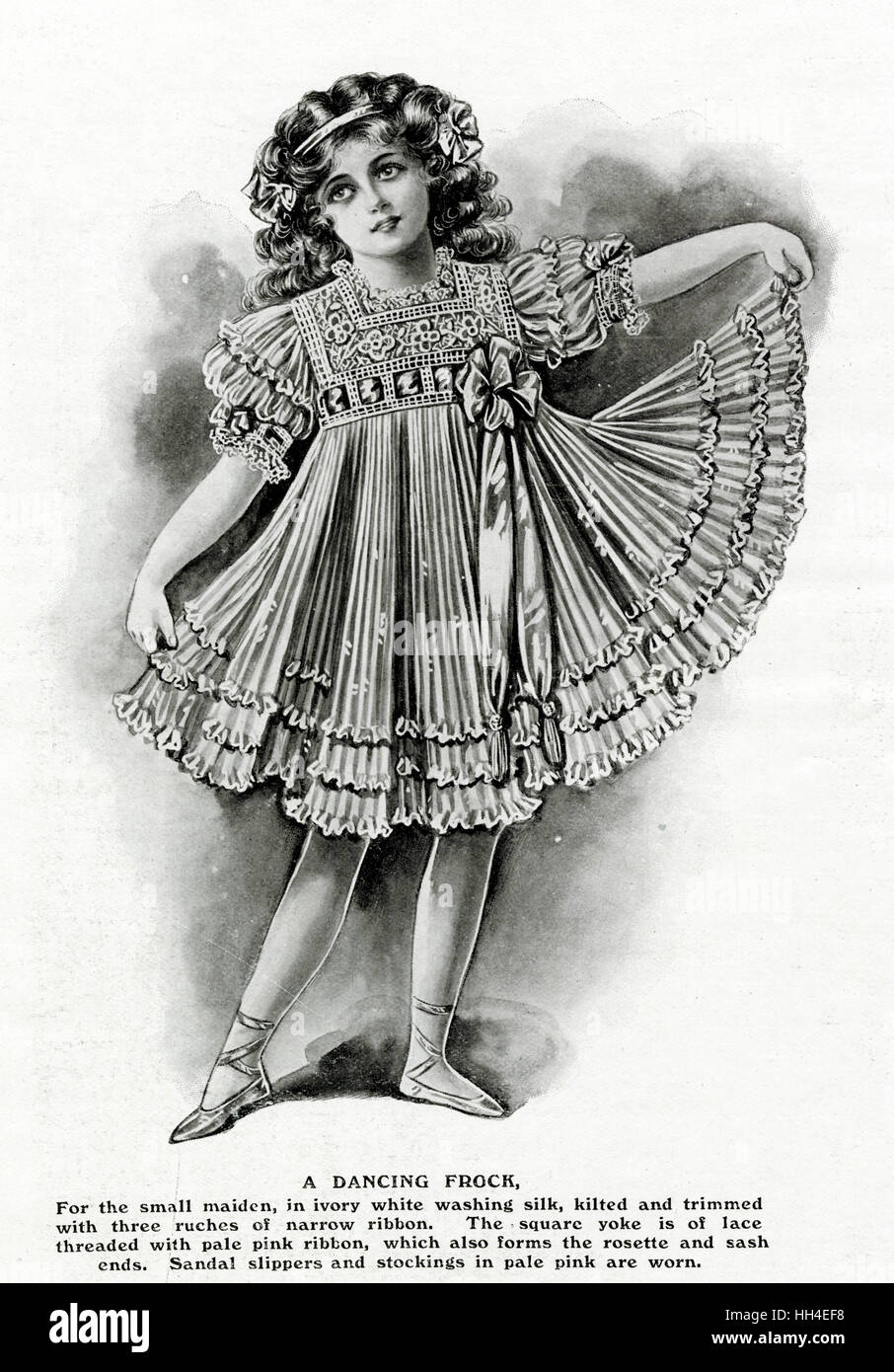 A dancing frock with square  lace yoke threaded with ribbon  tied to make a rosette with  sash ends, pleated skirt with  ruched ribbon trim, sandal  slippers with ribbon ties. Stock Photo