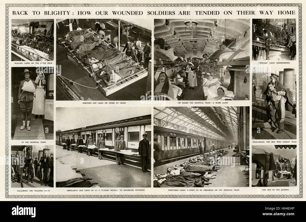Double page spread of wounded soldiers been transported back home by ship and train. Stock Photo