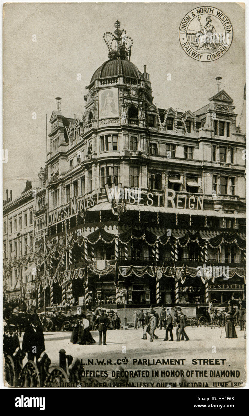 LNWR Offices on Parliament Street (the short end-section of Whitehall before one reaches Parliament Square), London - decorated for Queen Victoria's Diamond Jubilee in June 1897 (card published in 1904). Stock Photo