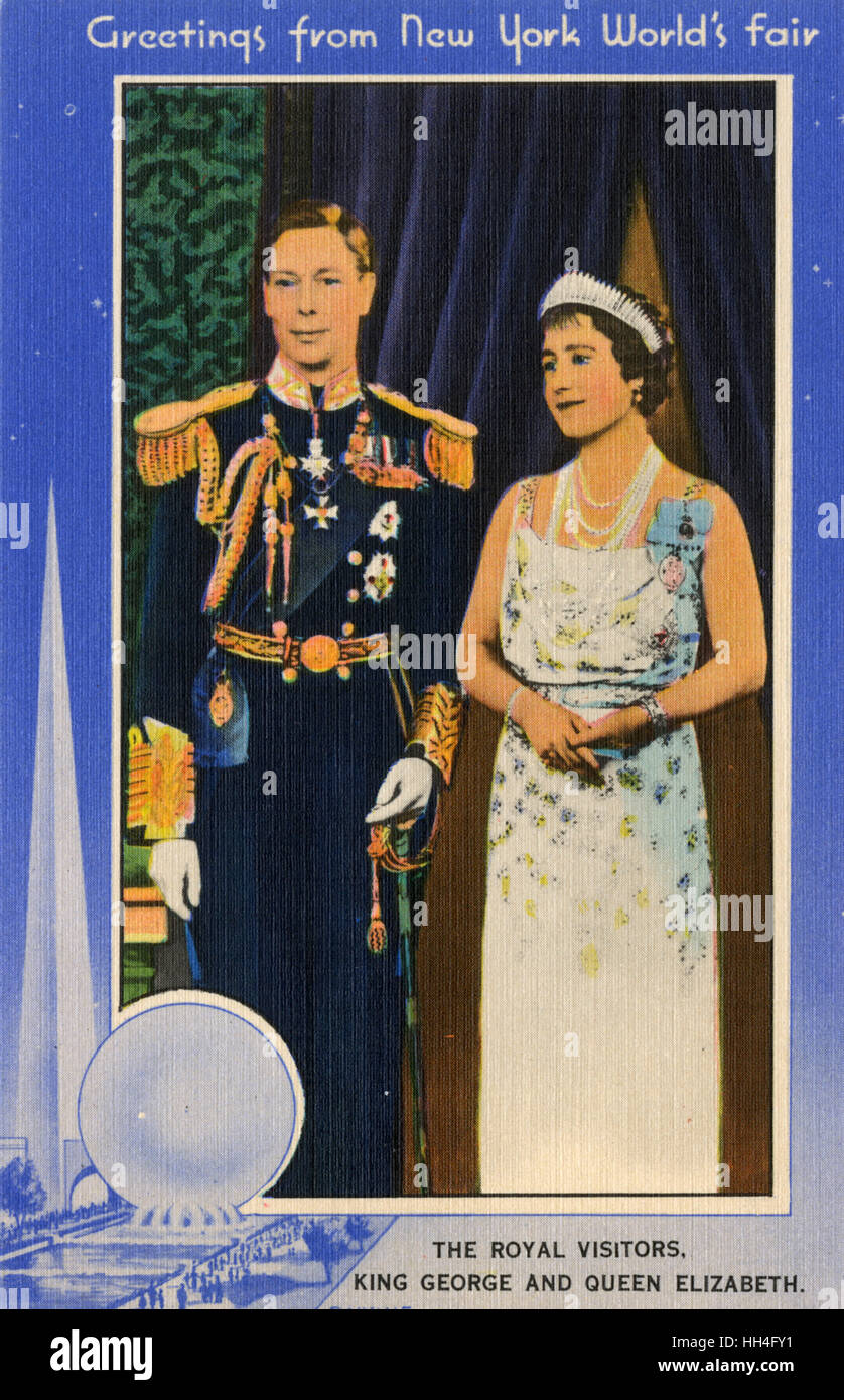 King George VI (1895-1952) and Queen Elizabeth (1900-2002) - visiting the New York World's Fair in 1939. The border illustration depicts the Trylon and Perisphere. Stock Photo