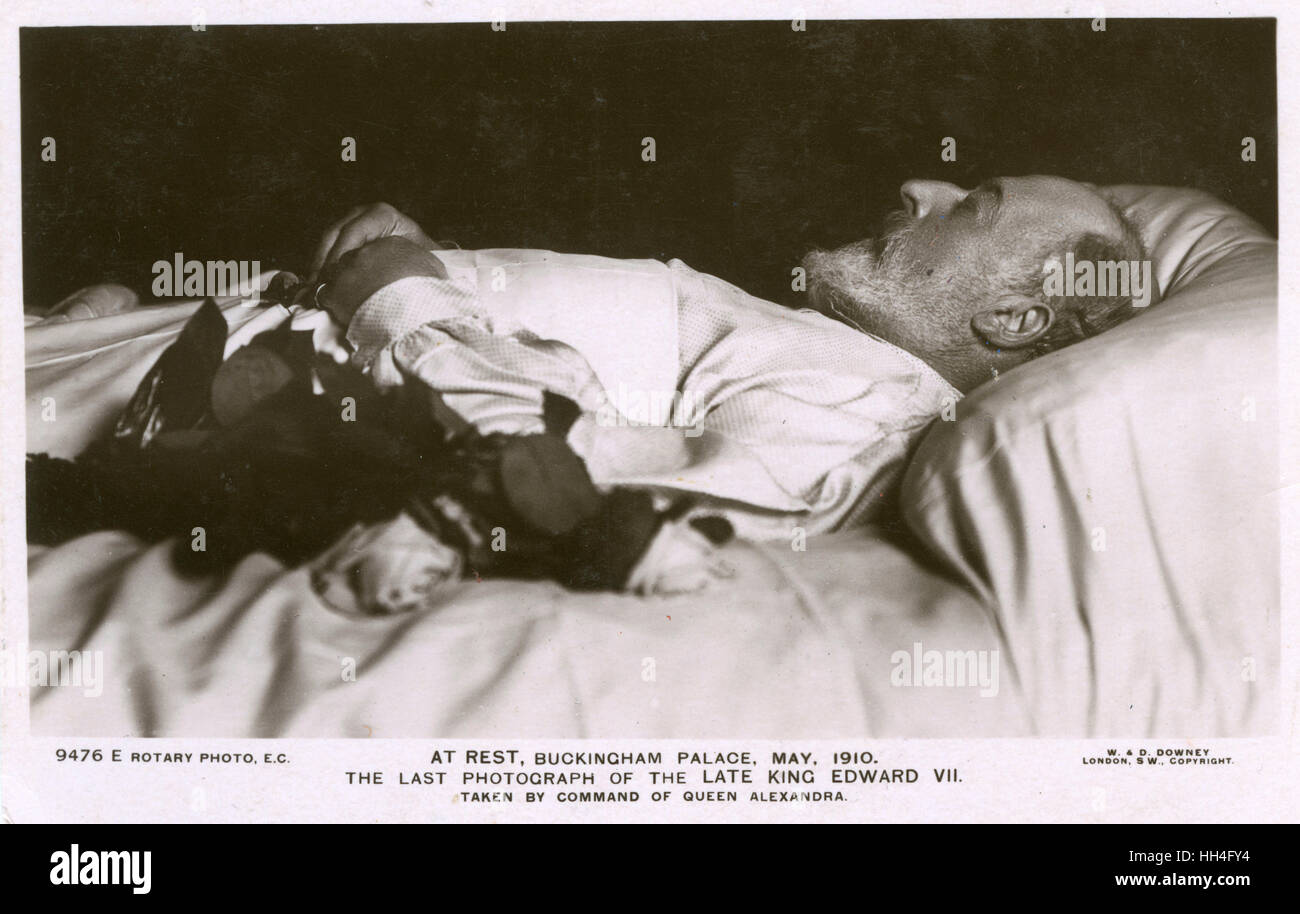 King Edward VII (1841-1910) on his death bed in May 1910. Death-bed photographs were common on the Continent but almost unknown in this country. Queen Alexandra, who was Danish, did not share British sensibilities and was happy to have photographs of her Stock Photo