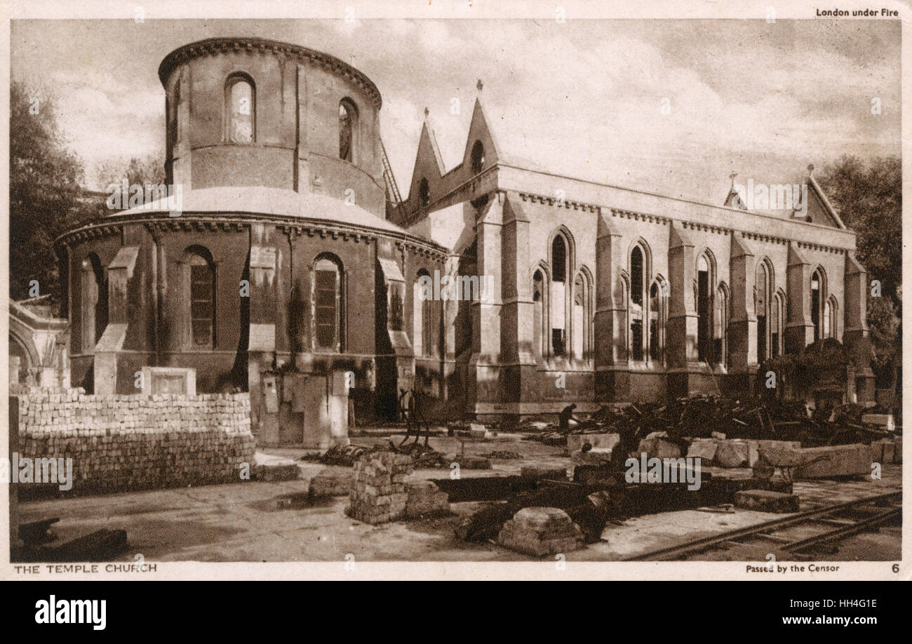 WW2 - London under fire - The Temple Church damaged during the bombing of the blitz. Stock Photo