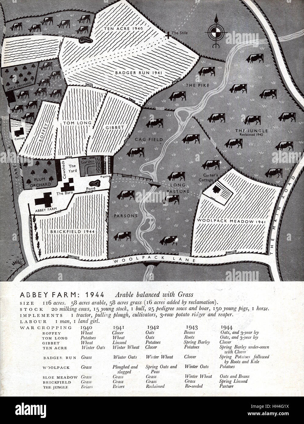 Farming pre-war in 1944 - layout of fields and crops (2/2) Stock Photo