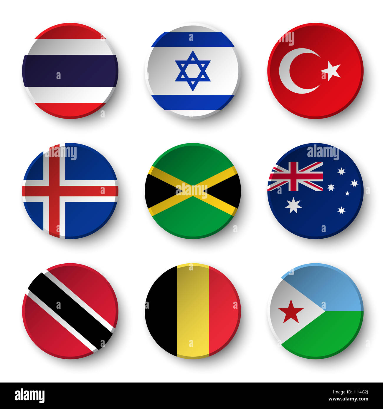 Set of world flags round badges ( Thailand . Israel . Turkey . Iceland . Jamaica , australia , Trinidad and tobago . Belgium . Djibouti ) Stock Photo