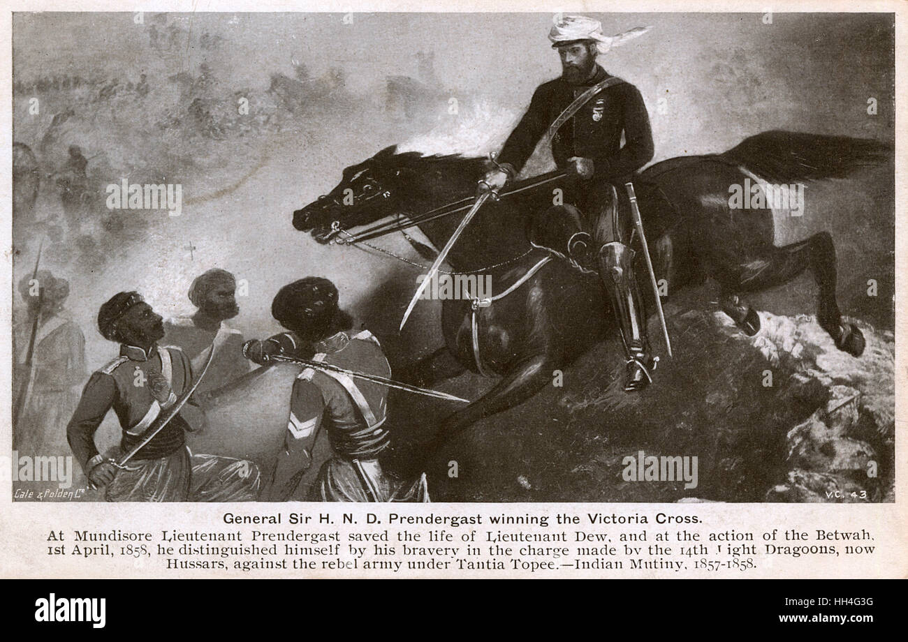 General Sir Harry North Dalrymple Prendergast (1834-1913) winning the Victoria Cross for his actions at Mundisore (where he saved the life of Lieutenant Dew) and at Betwah (Betwa) on 1st April 1858 where he distinguished himself during the brave charge ma Stock Photo