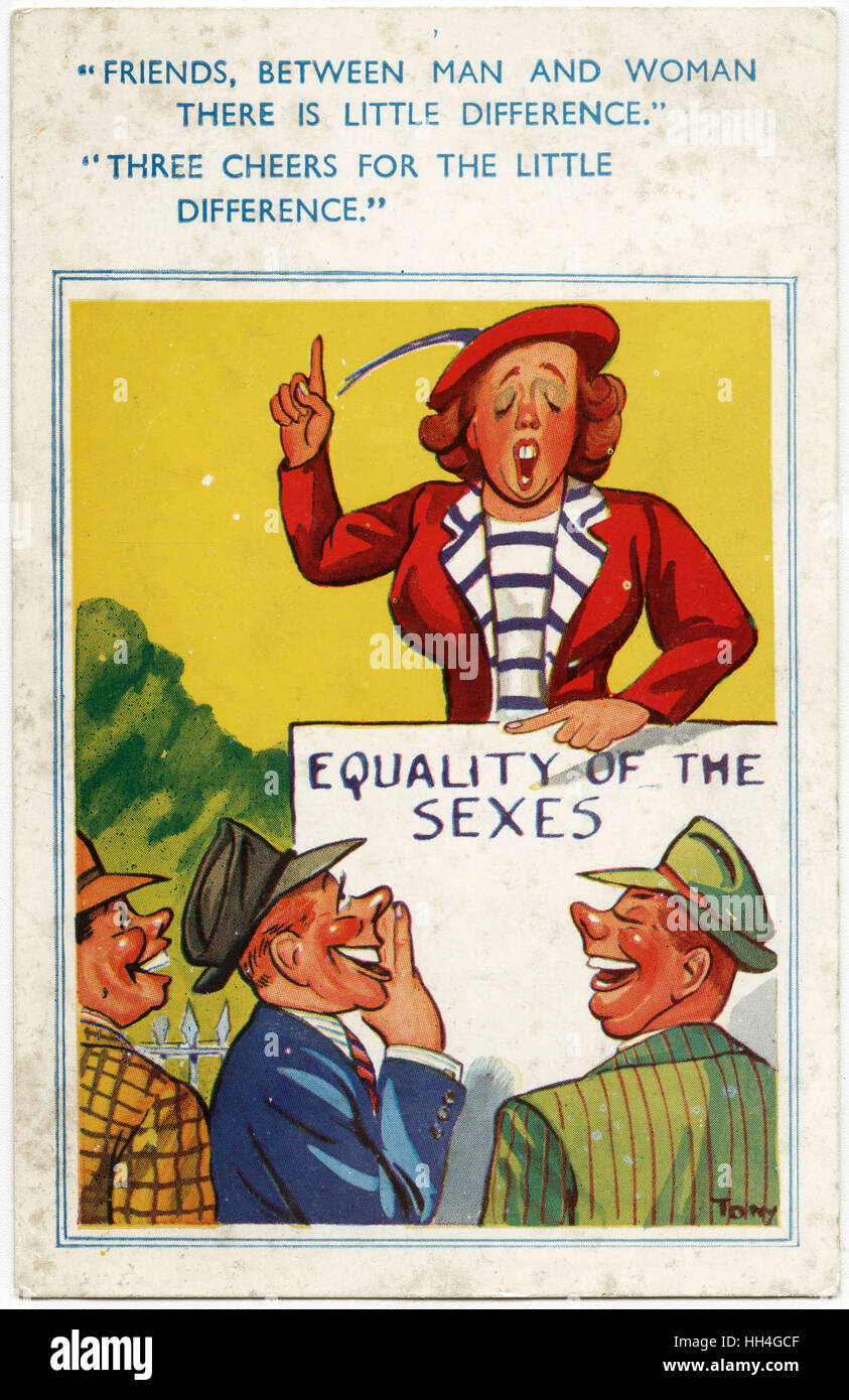 Humorous Saucy Postcard - The in-equality of the Sexes... Stock Photo