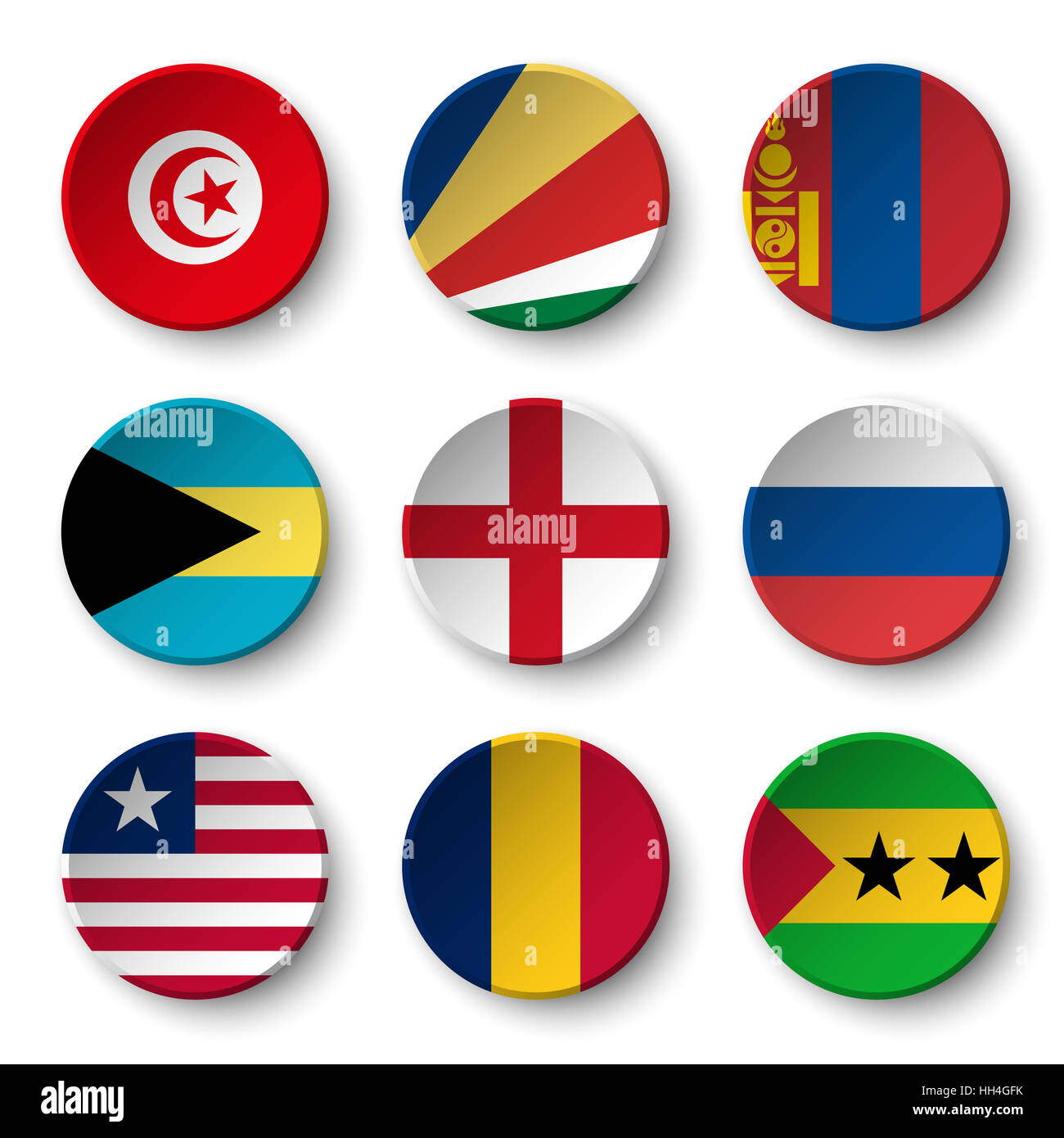 Set of world flags round badges ( Tunisia . Seychelles . Mongolia